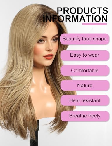 WOKESTAR Natural Long Wigs for Women with Fringe Synthetic Heat Resistant Hair Ombre Blonde Wig for Daily Party Cosplay Use - Image 2