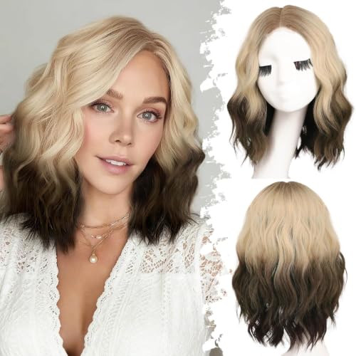 Image of Eawwii Wigs for Women Ombre Blonde Dark Brown,Short Wavy Synthetic Lace Wig
