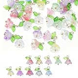 60Pcs Glass Flower Charms for Jewelry Making, Crystal Glass Floral Pendants Gold Floral Beads Charms Transparent Blooming Rose Dangle Charm for Jewelry Making Bracelet Earring Necklace Craft