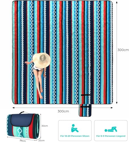 LIFERUN 300x300 cm Picknickdecke XXL, Picknickdecke Wasserdicht mit isoliert Rückseite, Tragegriff, für Camping, Picknick, Wandern, BBQ, Strand, Reisen, bis zu 20 Personen, Grün Gestreift