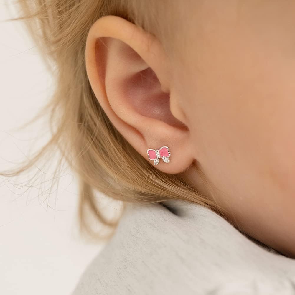 In Season Jewelry Pink Bow Baby Earrings - 925 Sterling Silver Hypoallergenic Earrings for Girls with Safety Screw Backs - Safe & Comfortable for Toddlers, Kids & Little Girls