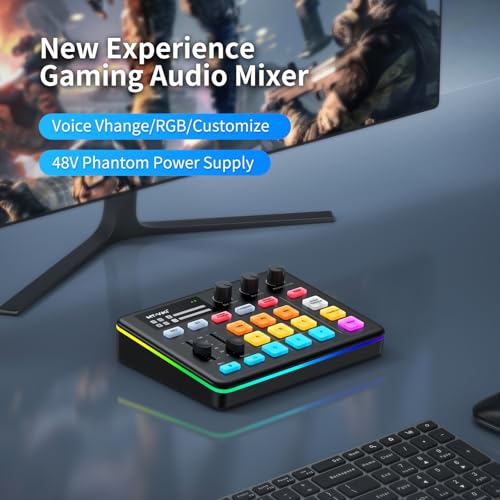 Image of MT-VIKI Gaming Audio Mixer, Audio Interface Sound Board w /RGB Effect, XLR /TRS Microphone, 48V Phantom Power, Support Bluetooth, Voice Changer, Live Streaming, Podcasting