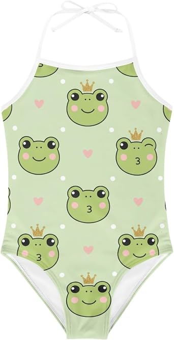 KiuLoam Cute Frogs and Crowns Girls One-Piece Swimsuit Quick Dry Beach Swim Bathing Suit for 3-8 Years Little Girls
