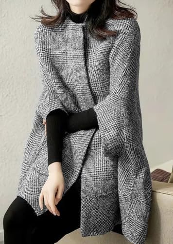 chouyatou Women's Elegant Plaid Poncho Single Breasted Winter Casual Wool Blend Cape Cloak Coat3