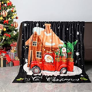 GALAXYER Hello Christmas Let It Snow Santa Claus Snowman Throw Blanket, Double-Sided Printed 130 x 150 CM Truck House Xmas Warm Blanket for Bed Sofa Couch Chair