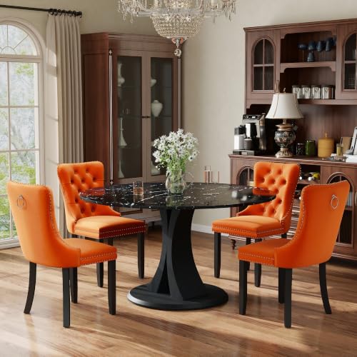Image of 5-Piece Dining Table Set for 4 with 47 In Black Faux Marble Round Table