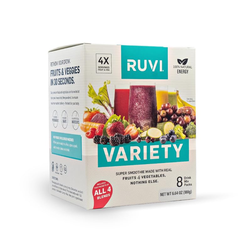 """Ruvi Fruit & Veggie 30-Second Smoothies, Freeze Dried Powder Mix with Nothing Added, Variety Pack of 8. 2 Tropical, 2 Sweet Berry, 2 Tart Berry, 2 Sweet Greens."""