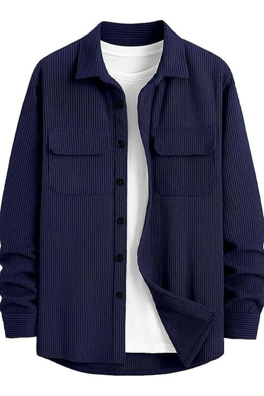 Image of DEELMO Men's Cotton Polyester Corduroy Shirt with Textured Pattern Spread Collar Full Sleeves Dual Pocket Front and Button Down Closure | Textured Shirts for Men | Shirts for Men Stylish