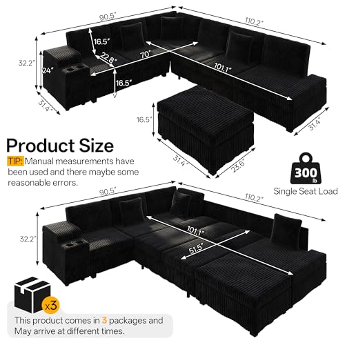 Image of KEIKI 110 inch L-Shaped Oversized Plush Corduroy Modular Sectional Sofa with Pull-Out Bed, Convertible 6-Seater Sleeper Couch Bed with 1 Ottomans & USB & Cup Holders, Easy Assembly, for Living Room, Black