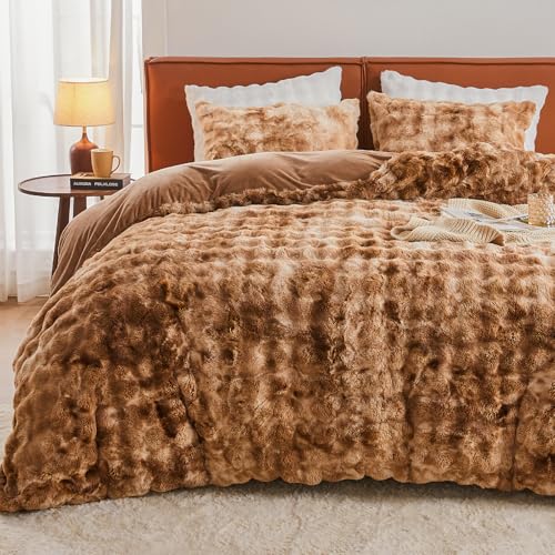 Image of EMME Faux Fur Duvet Cover Queen Size, 3 Pieces Ultra Soft Fluffy Comforter Cover, Cozy Warm for Winter, Luxury Shaggy Bubble Design Bedding, 1 Duvet Cover & 2 Pillow Shams (Queen, Tie Dye Taupe)