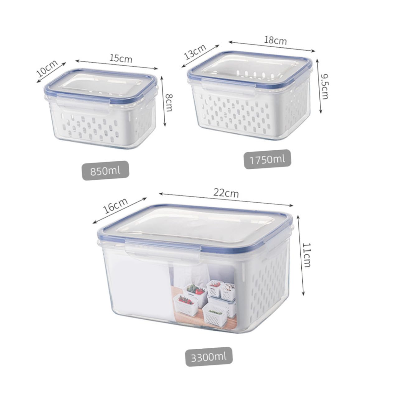 3 pezzi Contenitori Frutta Refrigeratore Trasparenti con Colino Rimovibile Scatole Ermetiche per Conservazione Freschezza Frigorifero Resistenti al Freddo e Multiuso per Verdure e
