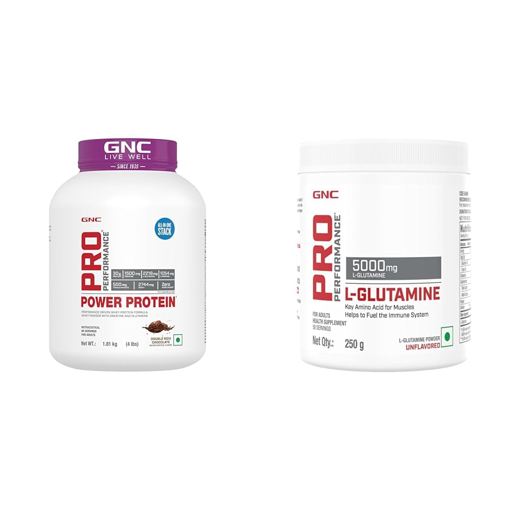 GNC Pro Performance Power Whey Protein| Double Rich Chocolate | 4 Lbs & L-Glutamine 5000 Mg - 50 Servings - 0.55Lbs, 250 Gm (Unflavored) COMBO,1.81 Kilogram