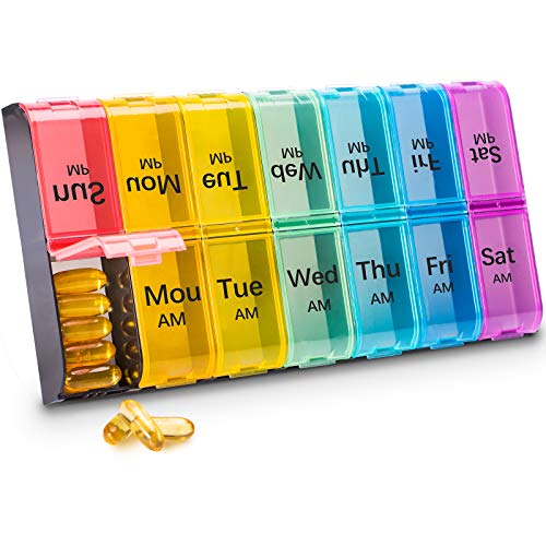 Weekly Large Pill Organizer 2 Times a Day-AM PM Pill Box 7 Day, XL Vitamin Pill Cases, Day Night Travel Medicine Box, Pill Container, Daily Pill Dispenser Hold for Capsule, Fish Oils (Multi-Color)