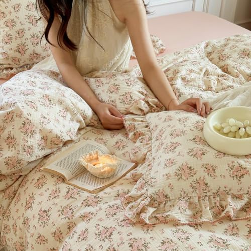 Image of BuLuTu Pink Floral Twin Size Duvet Cover for Girls Kids, Flower Print Comforter Cover with Ruffles, Soft Lightweight Quilt Cover 100% Cotton Muslin, Zipper Closure, 68 inchx86 inch, No Pillowcases