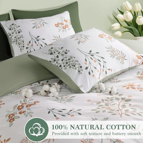 Shilucheng 100% Cotton Floral Duvet Cover King Size - 600 Thread Count, Breathable & Cooling Comforter Cover with Zipper Closure,Hotel Bedding Duvet Covers 3 Piece (Qinyuan Spring & Green)