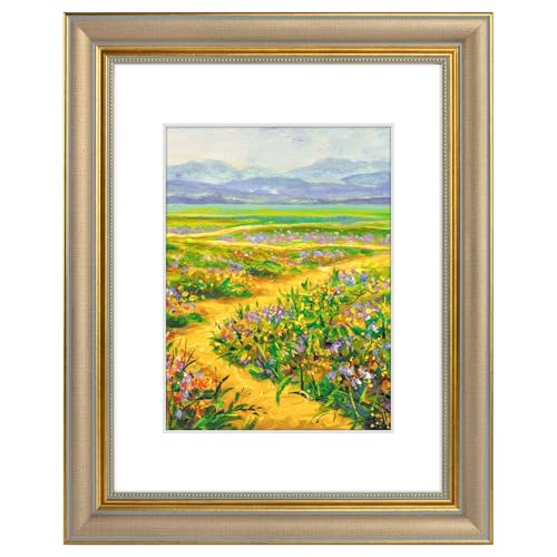 Image of Golden State Art,8.5x11 Ornate Picture Frame Holds 6x8 Photo,Chamgpagne | Includes easel back,HD plexiglass,white mat,build-in hangers.8.5x11 Decorative photo frame matted to 6x8.Desktop /wall mount