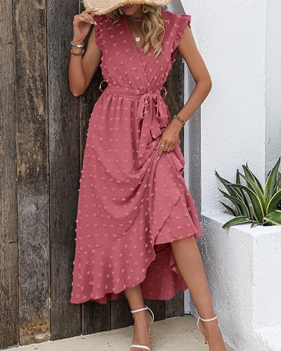 BTFBM Women V Neck Summer Dress 2025 Cap Sleeve Swiss Dot Boho Flowy Ruffle Slit Beach Party Long Maxi Cocktail Dresses - Image 3