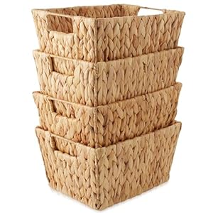 Casafield Set of 4 Water Hyacinth Storage Baskets with Handles - Natural, Woven Rectangular Storage Bins for Shelves, Blankets, Laundry Organization Casafield Set of 4 Water Hyacinth Storage Baskets with Handles Natural Woven Rectangular Storage Bins for Shelves Blankets Laundry Organization