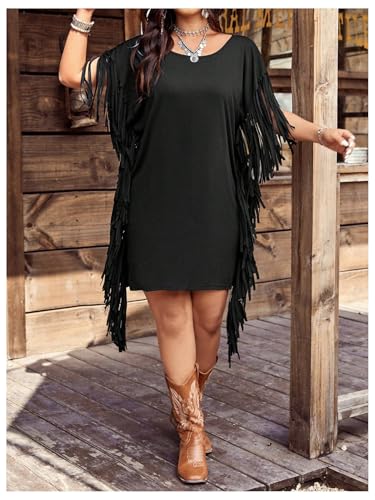 Women's Plus Size Fringe Dress Boho Western T Shirt Dress Tassel Short Sleeve Scoop Neck Cowgirl Short Dresses4