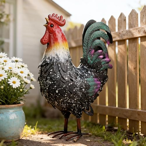 FURUBETA Metal Rooster Statue Chicken Decor Rustic Farmhouse Spring Garden Yard Art Weather Resistant Outdoor Sculpture for Patio Lawn Backyard Ideal for Home Kitchen Decor