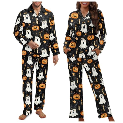 Dngkaoje Matching Halloween Pajamas for Couples Funny Halloween Spooky Matching Pjs Women Pumpkin Pajama Set Women Plus Size Button Down Pjs with Pockets Soft Sleepwear S