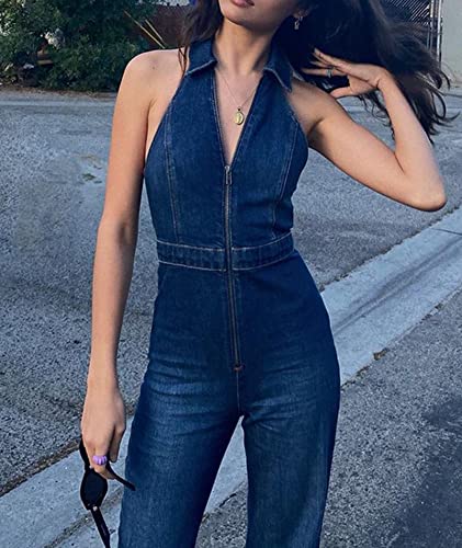 SEMATOMALA Women's Sleeveless Y2K Jean Jumpsuit Flared Leg Pants Romper Halter Tank Top Denim Catsuit Maxi Overall3