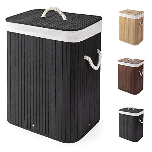 Virklyee Bamboo Laundry Basket 60L Collapsible Bamboo Laundry Hamper Laundry Basket Removable Lining Small Laundry Bins Laundry Hamper with Lid Bamboo Laundry Storage basket Laundry Bag (Black)