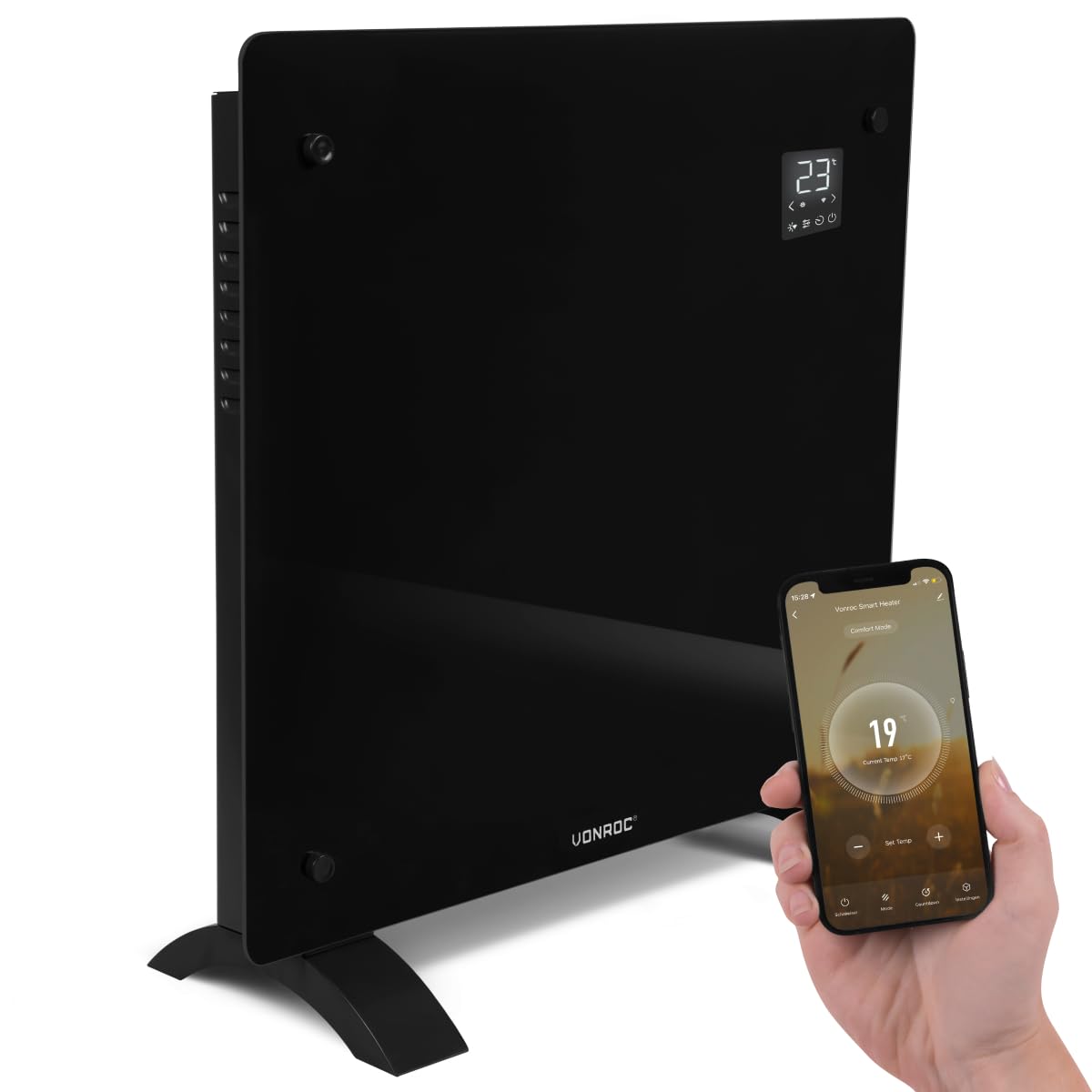 VONROC Chauffage Électrique 1000W - Panneau Verre Noir- Wi-Fi & Manuel - LED, Thermostat, Minuterie, Sécurité Enfants - Silencieux, Convecteur Design pour Pièces jusqu’à 12m²