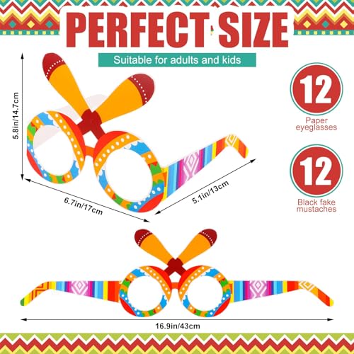 YOOIPI Mexican Fiesta Party Decorations 12 Pcs Fiesta Paper Eyeglasses Cinco De Mayo Paper Eyewears with 12 Pcs Beards Mexican Themed Photo Booth Props Taco Party Favor