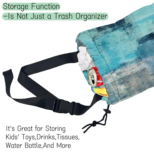Image of Abstract Art Car Trash Bag,Turquoise and Grey Hanging Drawstring Car Garbage Bag,Waterproof Canvas Car Back Seat Organizer with Adjustable Buckle,for Vehicles,SUVs,Camping,Road Trips