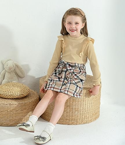 Image of Weixinbuy Toddler Girl Fall Winter Clothes Solid Long Sleeve Ribbed T-Shirt Knit Tops Plaid Button Mini Skirts Set Outfits