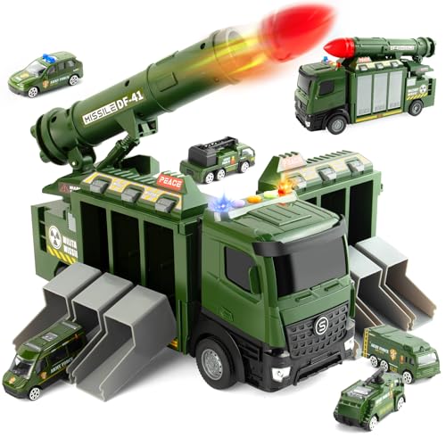 KADAYAYA Jouet Militaire Enfant Garcon,32cm Camion Militaire Jouet avec 6 Jouets Véhicule，Lumières et Sons，Camion Missiles Jouets avec 1 Missile adapté...