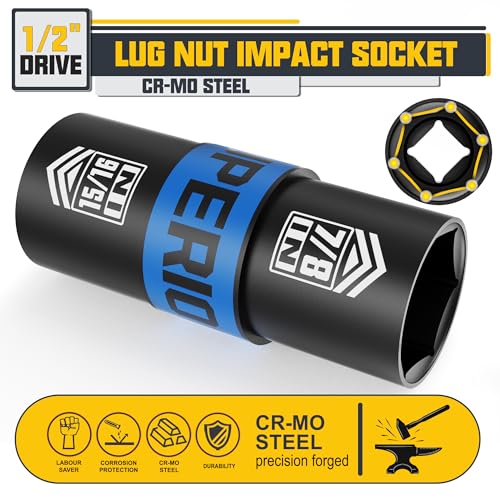 Image of 1 /2 inch Drive Lug Nut Impact Socket, 7 /8 inch x 15 /16 inch Impact Socket, Flip Socket, Thin Wall Nut Socket, Cr-V Steel, Remove Bloated Warped or Damaged Lug Nuts