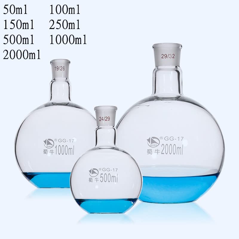 1 unids/Lote Capacidad 50/100/150/250/500/1000/2000ml matraz de Fondo Plano de un Solo Cuello matraz de reacción Redondo de Laboratorio de Cuello estándar (Size : 1000ml Caliber 19)