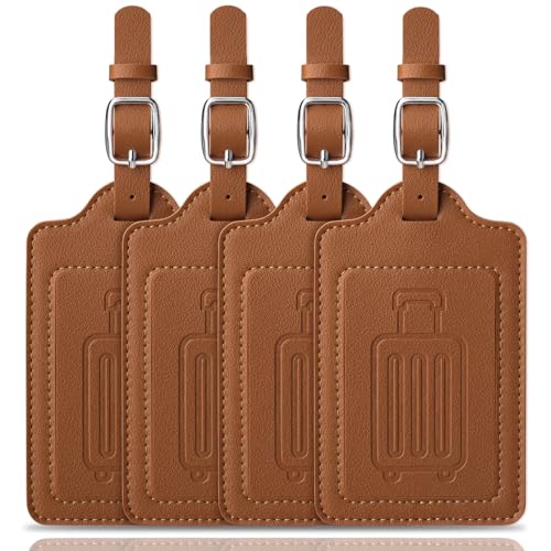 Image of Teskyer Luggage Tags, Thick & Durable, Easy to Identify, Privacy Protection, TSA Approved Travel Essentials Suitcase Tags - 4 Pack, Brown