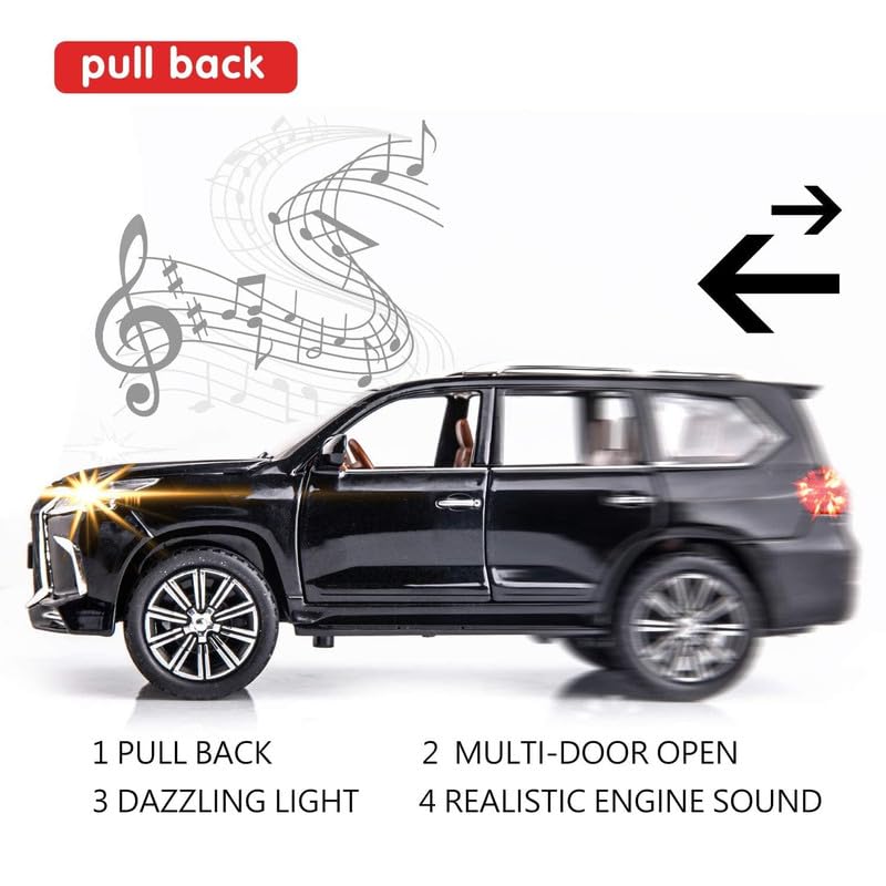 Image of Kids Model 1:24 Lx570 Die Cast Metal Car Pull Back Action Opening Doors with Realistic Engine Sound Lights Toy Car Gift for Boys - Black