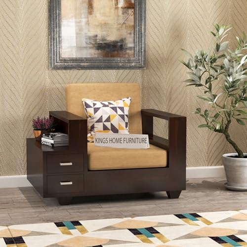 Image of Sheesham Wood Single Seater Sofa | 1 Seater Sofa with 2 Drawer Storage | Wooden Sofa Set Furniture for Living Room Home Office (1 Seater,Walnut)
