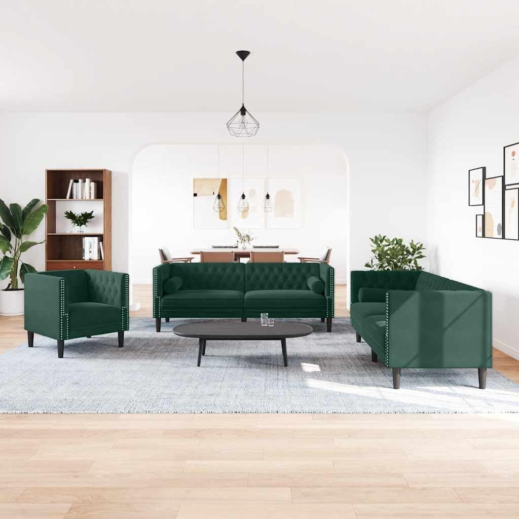 Set di 3 divani Chesterfield in velluto verde scuro con cuscini per il collo, 3 posti, 2 posti e poltrona, per soggiorno, con comoda seduta e gambe stabili