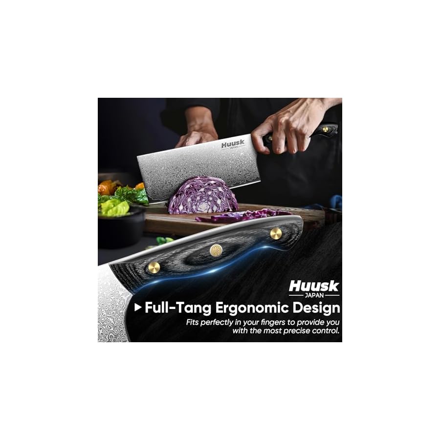 Huusk Damascus Cleaver Knife 7 inch, VG10 Butcher Knife for Meat Cutting, Kitchen Knife with Wood Handle for Chopper Vegetables Hand Forged Chooping Knife, Birthday Dad Mom Gift