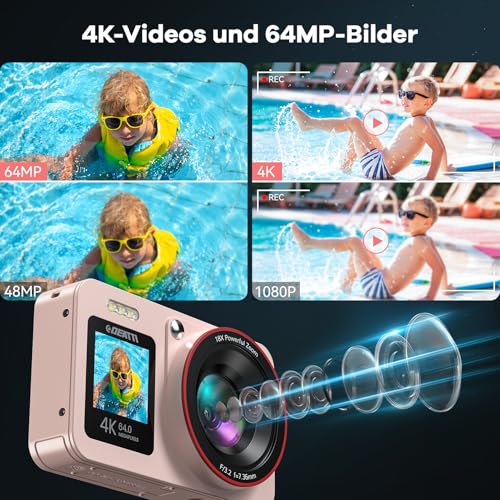 Digitalkamera Deatti 4K 64MP mit Dual-Screen und 64GB SD-Karte