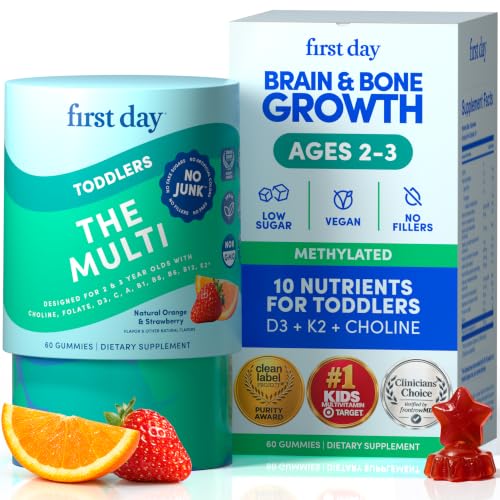 First Day Toddler Multivitamin Gummies for Ages 2 & 3 with Choline, 60ct | First Day toddler vitamins for ages 2-3: vegan toddler vitamin gummies with choline, 10 nutrients and 21 organic superfoods.