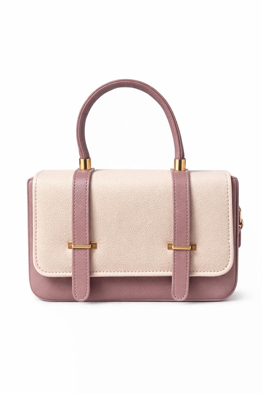 Dyt Collection Satchel Handbag, Colour Block, Faux Leather, Pink and Off White, with Detachable Adjustable Crossbody Strap, Gold-tone Hardware-image-17