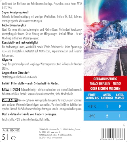 SONAX AntiFrost+KlarSicht Citrus Gebrauchsfertig bis -18°C (5 Liter) schneller, schlierenfreier und effektiver Scheibenreiniger für den Winter | Art-Nr. 01345000