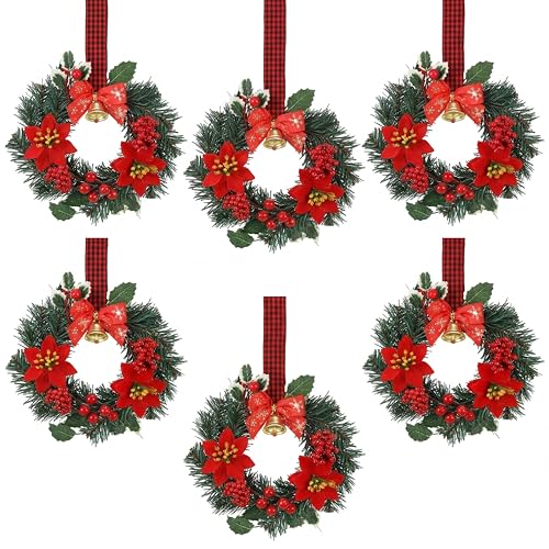 Zeyune 6 Pcs Small Christmas Wreaths for Kitchen Cabinets with Plaid Bow Ribbon Hanging Mini Christmas Cabinet Door Wreaths Decor for Kitchen Window Outdoor Indoor Holiday, 14.96 x 7.87''