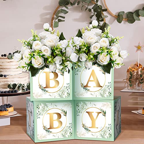 Image of Bucherry 6 Pcs Baby Shower Centerpieces with Letters, 7 inch Baby Blocks Flower Boxes for Table Decorations, Gender Reveal Party Supplies & Photo Props(Green,Sage Green Leaf)