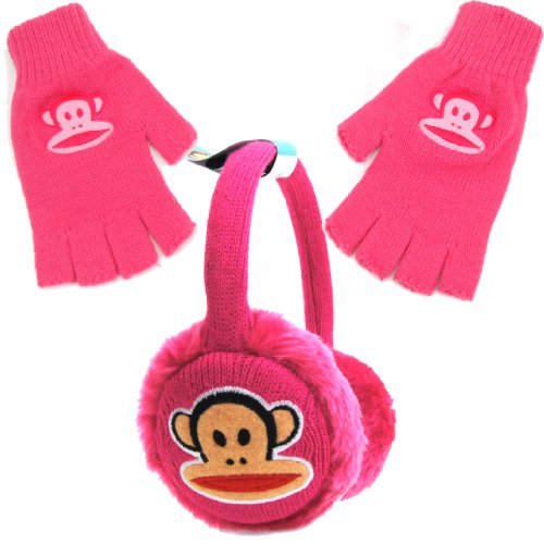 Paul Frank Julius Monkey Knitted Earmuff and Fingerless Glove Set for Girls - Pink