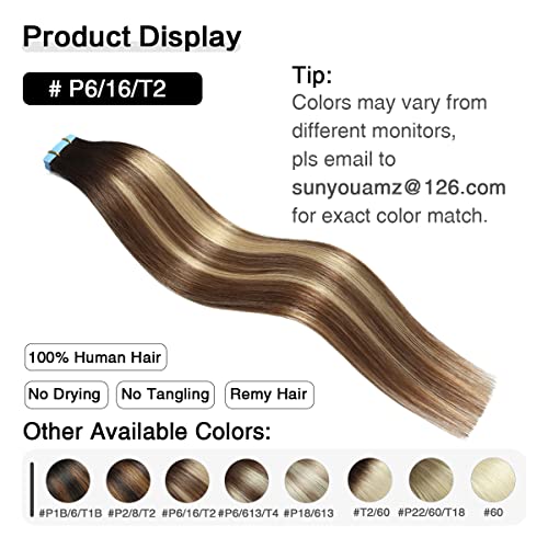 Image of SUYYA Tape In Hair Extensions Human Hair 20 Inch #P6 /16 /T2 Balayage | Remy Human Hair, Invisible Skin Weft, Straight Hair, 20PCS 40G, Darkest Brown to Chestnut Brown and Light Blonde Balayage