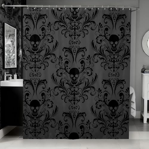 Gothic Shower Curtain Set Black Damask Fabric Shower Curtain Antique Victorian Vintage Floral Exotic Sugar Skull Bathroom Decor 72Wx72L Skeleton Boho Baroque Decor Housewarming Gift Charcoal Grey