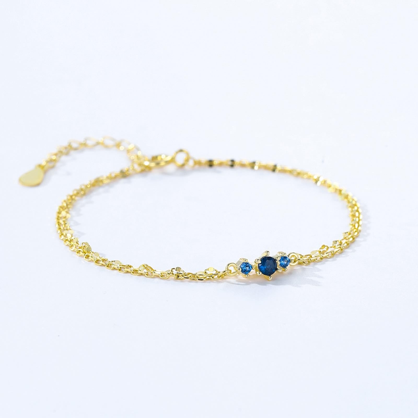 Pulsera para mujer de oro amarillo de 9 K/14 K/18 K, pulseras de doble capa para mujer con laboratorio, zafiro azul real, brazaletes dorados Au 375/585/750
