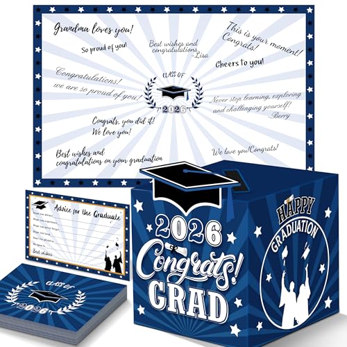 Image of Graduation Decorations Blue 2026 - Giant Guest Book Alternative,Graduation Cards Box with 36PCS Advice Cards,Signature Board Congrats Grad Decorations Supplies 2026